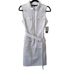 Sharagano Dress Womens 8 White Zip Front Belted Utility Classic Preppy NWT